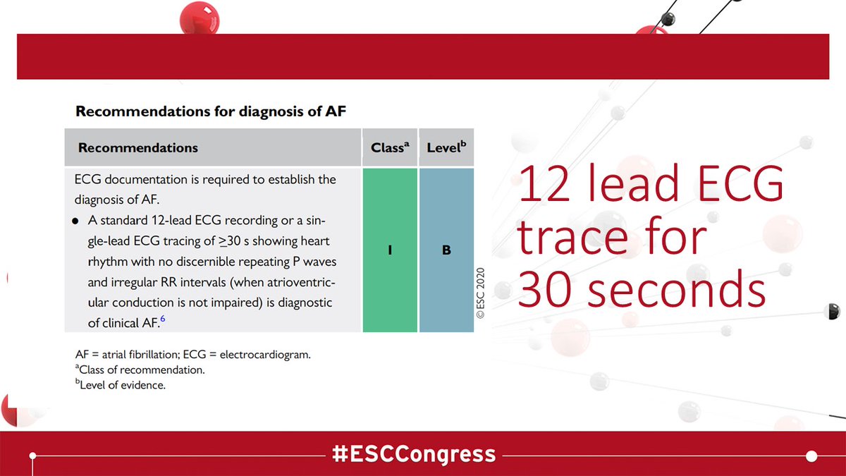 AF ESC GUIDELINE Tweetorial  #ESCCongress /5Clear message about identification of AF on Atrial High Rate episodes on devices (pacemakers, implantable loop recorders) … Need to see an one lead ECG & there too need >30s. If not able to get this then close monitoring  @ecgrhythms