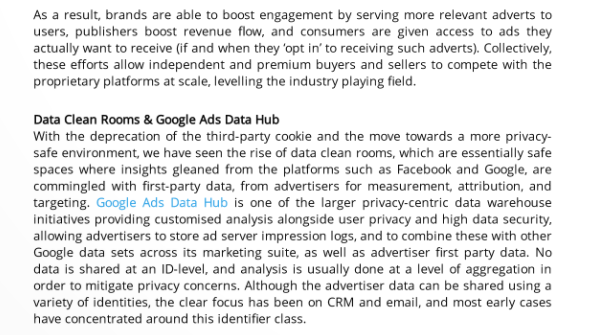 I wonder why Google, whose 'ads data hub' is prominently featured in the guide, is not listed as a contributor In case you didn't hear it from me, both Google's extensive centralized personal data business and the wild west of distributed personal data business must end.