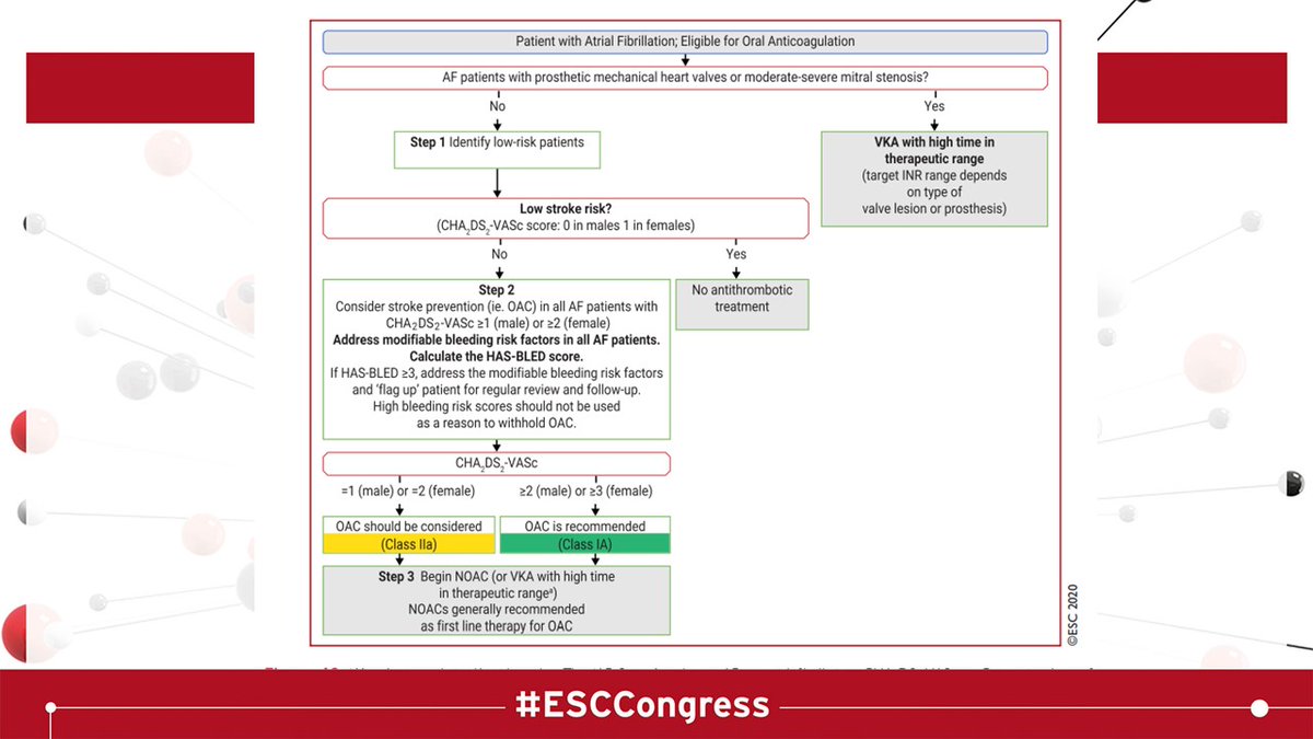 AF ESC GUIDELINE Tweetorial  #ESCCongress /7New start like the ABC!A-Anticoagulation – Easy CHA2DS2-VASc score – anticoagulate any man≥1 £ woman≥2 (remember sex is risk modifier not a risk predictor, so I cannot see how women can have score=1 (quoted in the algorithm below)