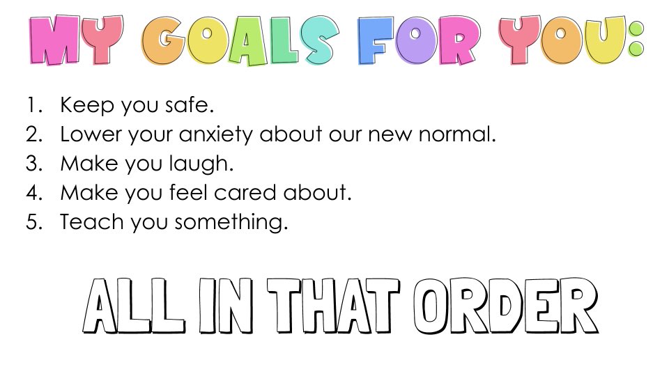 heyashleyg's tweet photo. Students return face-to-face on Thursday, &amp; all I can think about is how their hearts and minds are going to have to adjust to an Elementary world they’ve never witnessed. First thing on my lesson plan? To let them know what my priorities are during this unfamiliar school year. https://t.co/71UGII6mQD