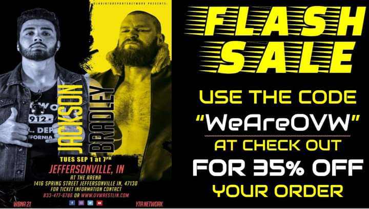 FLASH SALE FOR TUESDAY'S TV TAPING!  Use the code "WeAreOVW" at checkout to save 35% OFF your order!  

Don't miss the excitement of OVW LIVE featuring Jay Bradley facing off against Dustin Jackson!

ovwwrestling.ticketspice.com/ovw-wrestling-…