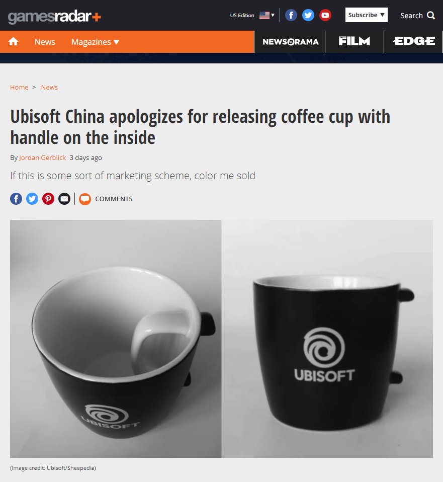 Ubisoft China apologizes for releasing coffee cup with handle on the inside
