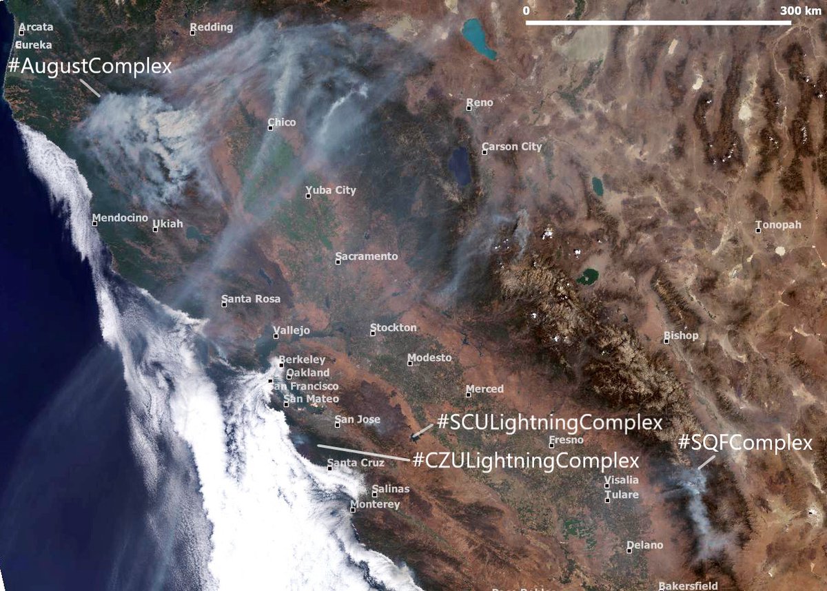 tonyveco's tweet image. ⚠️Latest update on #CaliforniaFires: on Aug.30 images from @CopernicusEU #Sentinel3 show smoke from different active #wildfires: #AugustComplex #CZULighteningComplex #SCULightningComplex #SQFComplex #California #ClimateChange #ClimateAction @ai6yrham @lfkraus @WMO @Sarah_Stierch