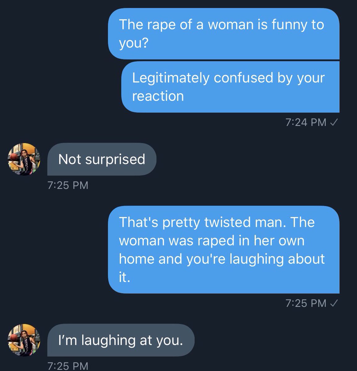 Okay so Rex Chapman messaged me first, was snide and stupid, laughed about rape, then had the gall to put me on blast on Twitter. Since I see in the thread that he consents to having the screenshots posted, I will do that now. I’m not sure why he wants you to see this, but here:  https://twitter.com/rexchapman/status/1300215762322362369