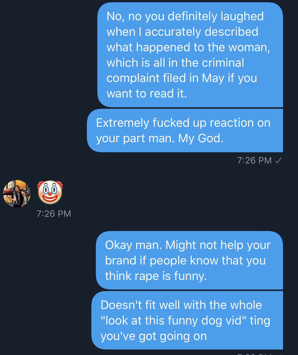 Okay so Rex Chapman messaged me first, was snide and stupid, laughed about rape, then had the gall to put me on blast on Twitter. Since I see in the thread that he consents to having the screenshots posted, I will do that now. I’m not sure why he wants you to see this, but here:  https://twitter.com/rexchapman/status/1300215762322362369