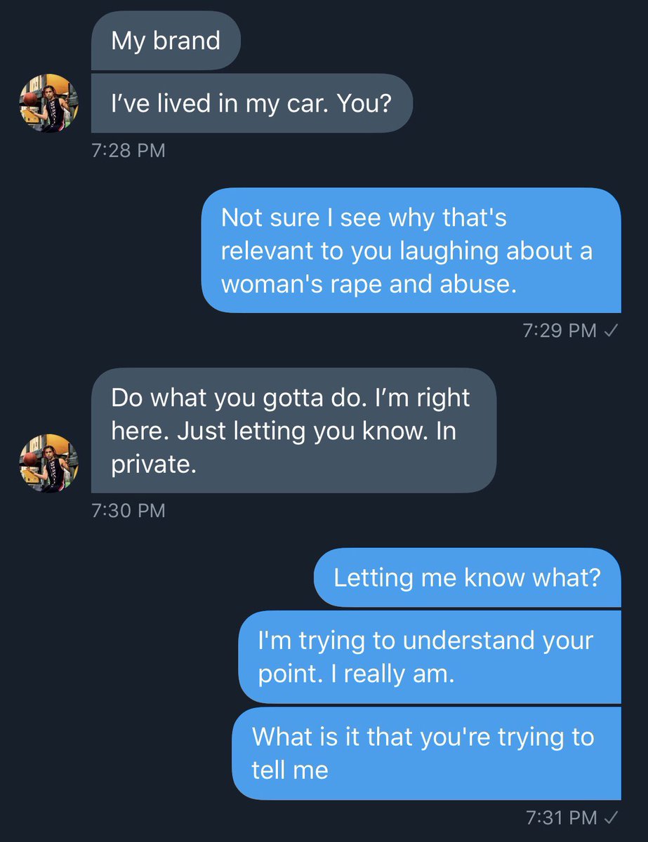 Okay so Rex Chapman messaged me first, was snide and stupid, laughed about rape, then had the gall to put me on blast on Twitter. Since I see in the thread that he consents to having the screenshots posted, I will do that now. I’m not sure why he wants you to see this, but here:  https://twitter.com/rexchapman/status/1300215762322362369
