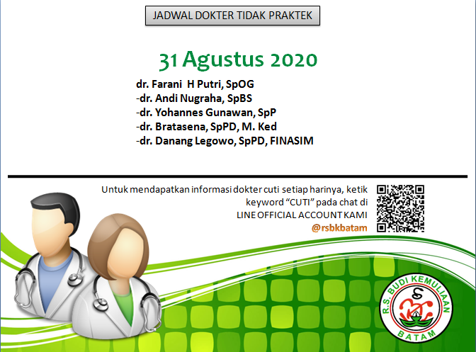 rsbkbatam's tweet photo. Jadwal Dokter Tidak Praktek 31 Agustus 2020 https://t.co/sGmRxCf9Xn