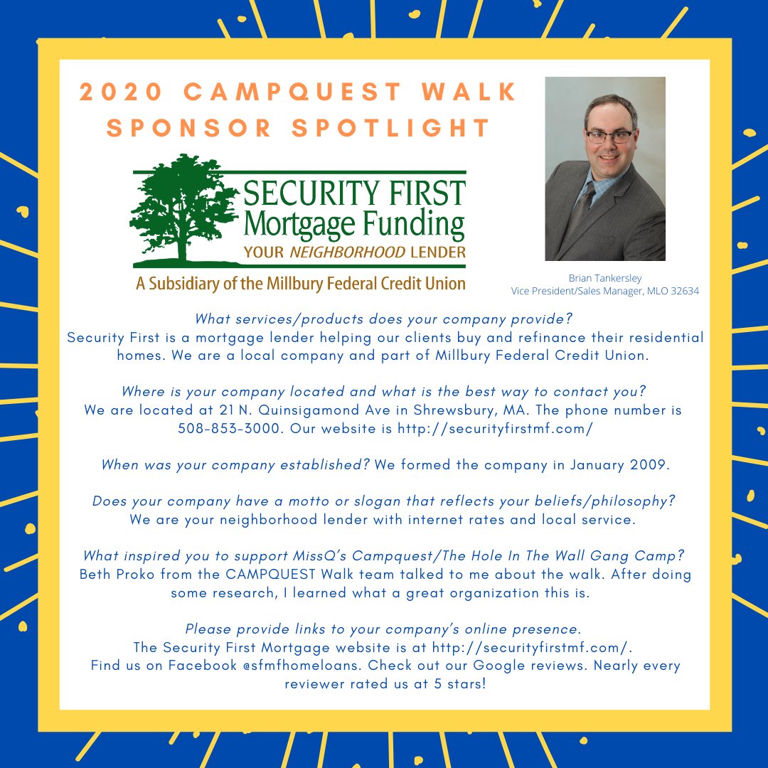 missqcampquest's tweet image. Thank you Security First Mortgage Funding LLC for generously sponsoring the 2020 CAMPQUEST Walk to benefit The Hole in the Wall Gang Camp!!!

#holeinthewallgangcamp
#missqcampquest