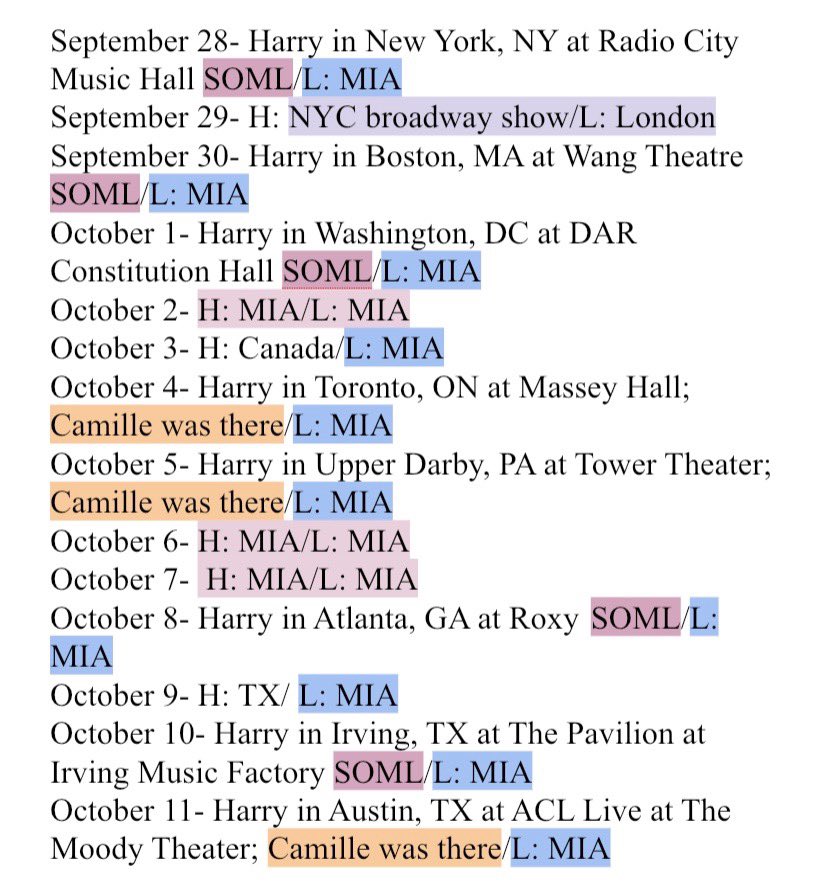 Starting September 28th, H sings Story of My Life 5x (he does not sing Stockholm Syndrome at those concerts). Also worth noting that he sings SOML at the shows that cou cou is not seen at