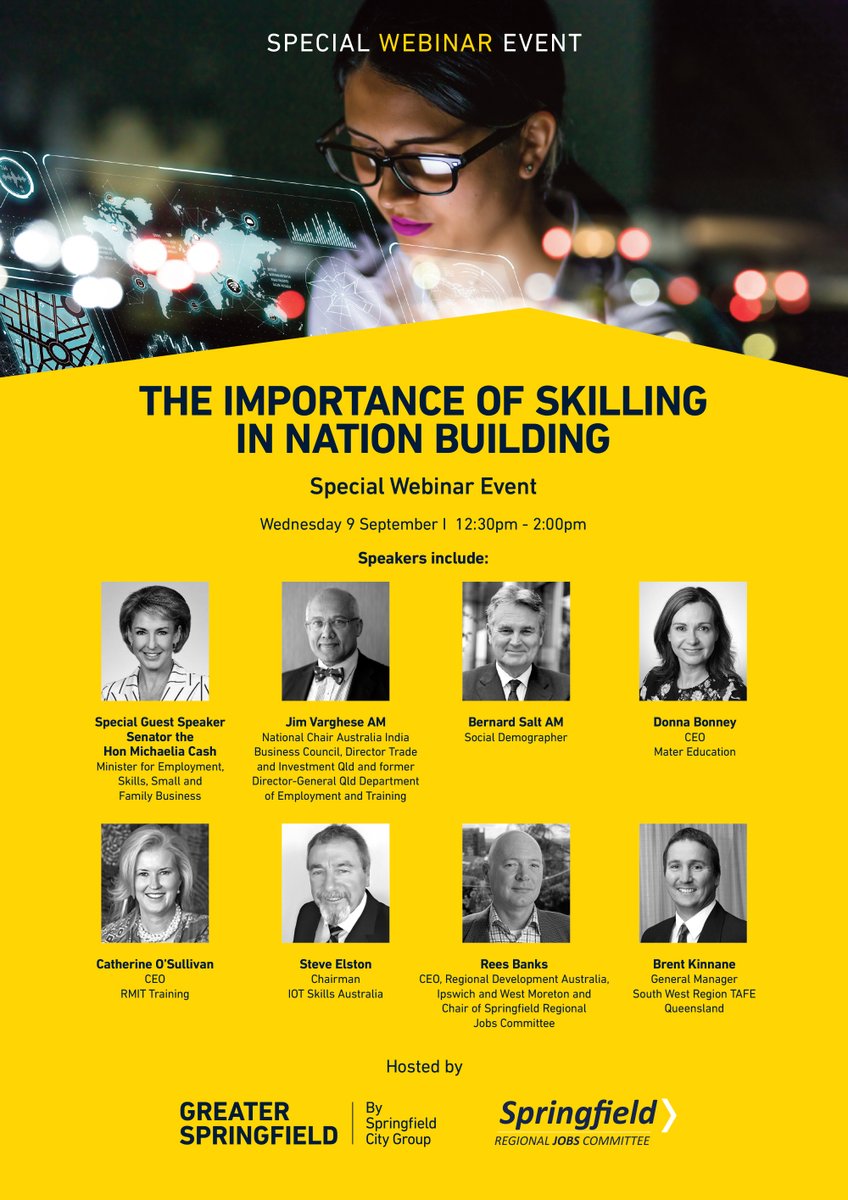 springfieldQLD's tweet photo. In celebration of National Skills Week, Springfield City Group and The Springfield Regional Jobs Committee are proud to present a special webinar event on the Importance of Skilling Nation Building on Wednesday 9 September 12:30 pm – 2:00 pm. Register now: https://t.co/KyTqLvmzp2 https://t.co/ksl8lEQubl