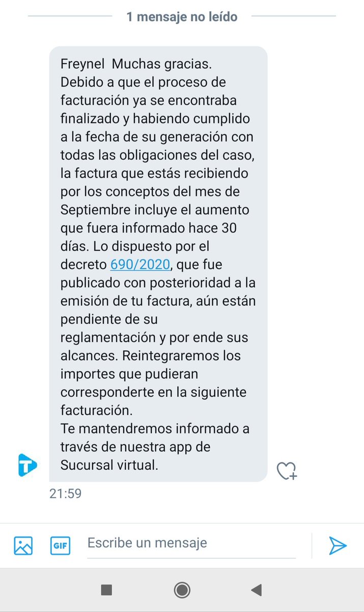 FreynelS's tweet photo. @ENACOMArgentina @DNDConsumidor está es la respuesta que recibí de @TeleCentroAr @TeleCentroAyuda es esto legal? https://t.co/lhsiKSkpwf