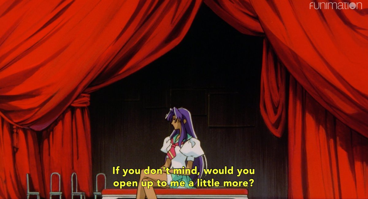 Utena: Why don't you tell me what's on your mind and maybe I can–Anthy: WHAT, YOU THINK I SHOULD TRUST YOU WITH ALL MY PRIVATE THOUGHTS AND FEELINGS?! ARE YOU WILLING TO CONFRONT THE MORTIFYING ORDEAL OF BEING KNOWN?!? OH LOOK AT WHO'S A HYPOCRITE NOW!!! FUCK YOU