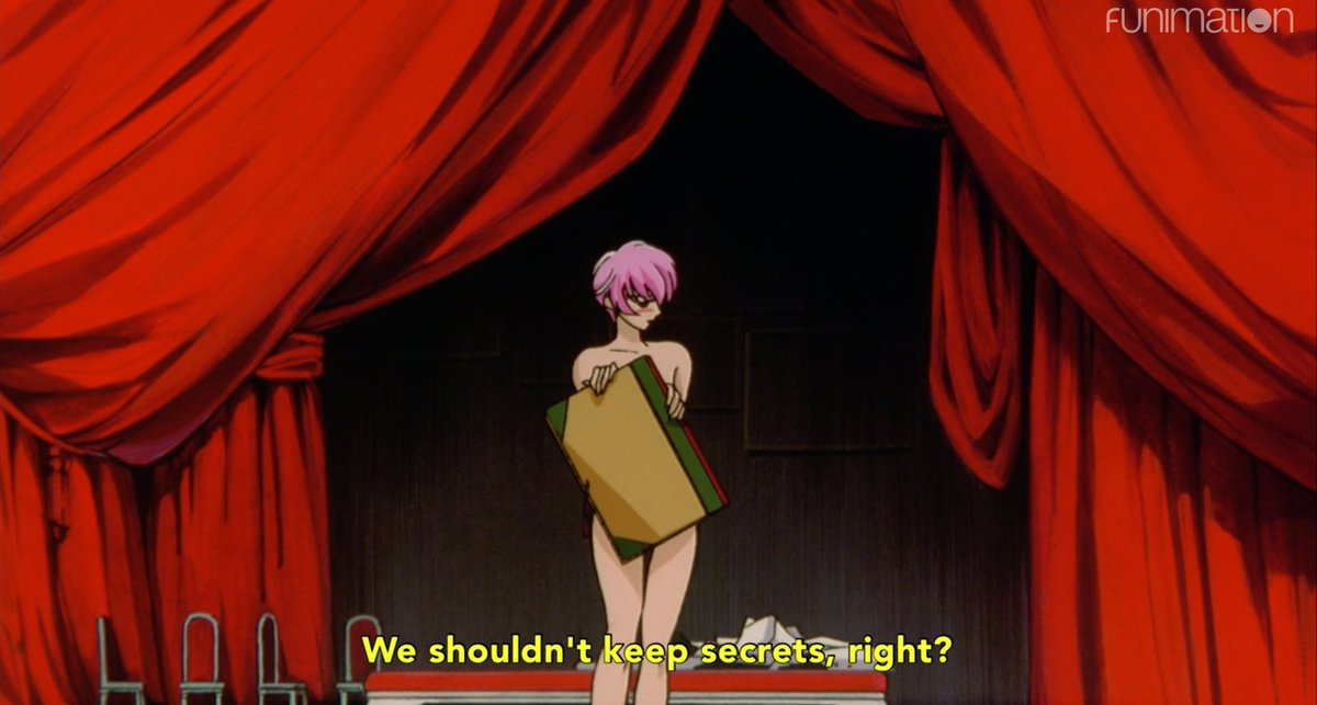 Utena: Why don't you tell me what's on your mind and maybe I can–Anthy: WHAT, YOU THINK I SHOULD TRUST YOU WITH ALL MY PRIVATE THOUGHTS AND FEELINGS?! ARE YOU WILLING TO CONFRONT THE MORTIFYING ORDEAL OF BEING KNOWN?!? OH LOOK AT WHO'S A HYPOCRITE NOW!!! FUCK YOU