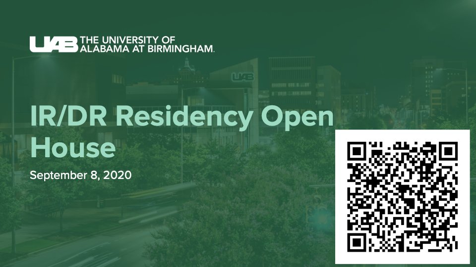 Join us for our first of two IR/DR Residency Open House events starting at 7pm CST on September 8, 2020. Learn about the program, meet the faculty, and chat with current residents!
To participate, please scan the code and input your information by Sep 7, 2020.