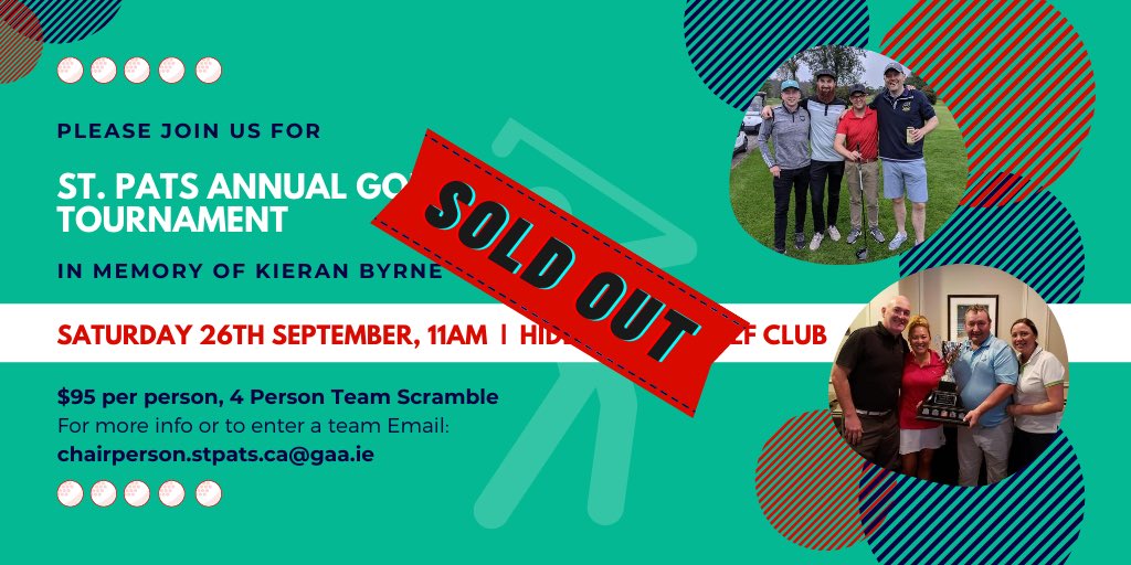 StPatsToronto's tweet photo. Due to overwhelming demand our annual St.Pats Golf Tournament in memory of Kieran Byrne is now sold out! If you would still like to get involved, please reach out to chairperson.stpats.ca@gaa.ie and we will be happy to add you to our wait list ๐๐ป
#stpatsto #torontogaa #canadagaa https://t.co/a7Z5Ow2uMn