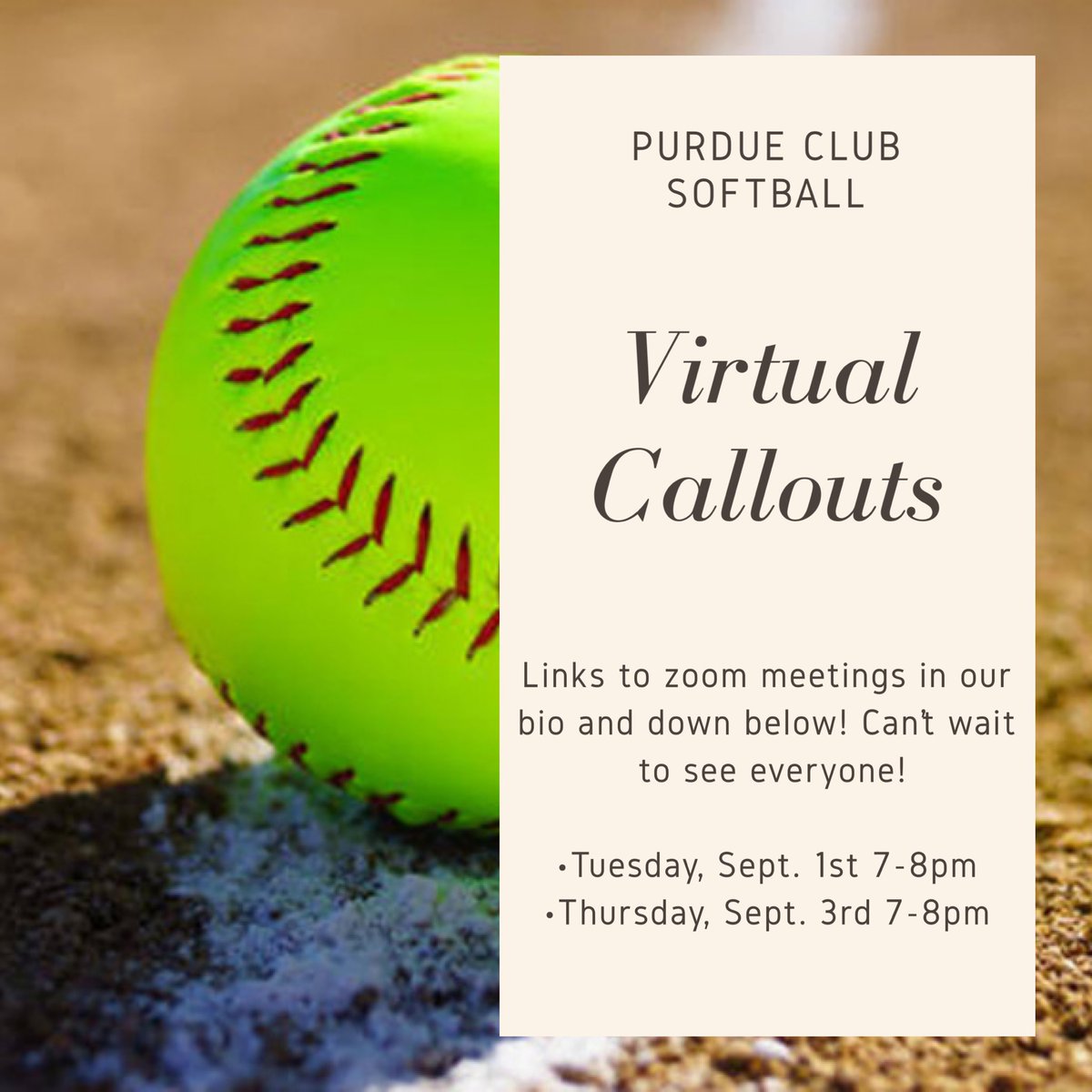 ClubPurdue's tweet photo. Hello! We will be hosting two virtual callouts this week to find out more information about our team and what is in store for this year. Here are the links: 

•Tuesday, Sept. 1st 7-8pm
https://t.co/KkZsVQjgTT

•Thursday, Sept. 3rd 7-8pm
https://t.co/CeEFnzGytc https://t.co/bOfwP51Uos