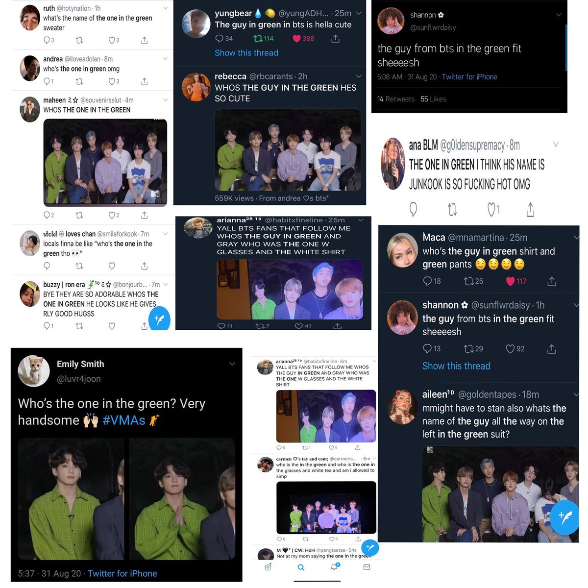 ล่าสุด จอน จองกุก ชุดเขียวคือ 
WHOS THE GUY IN  GREEN   
คือใครแล้วปังมาก จอนจองกุก
#VMAs