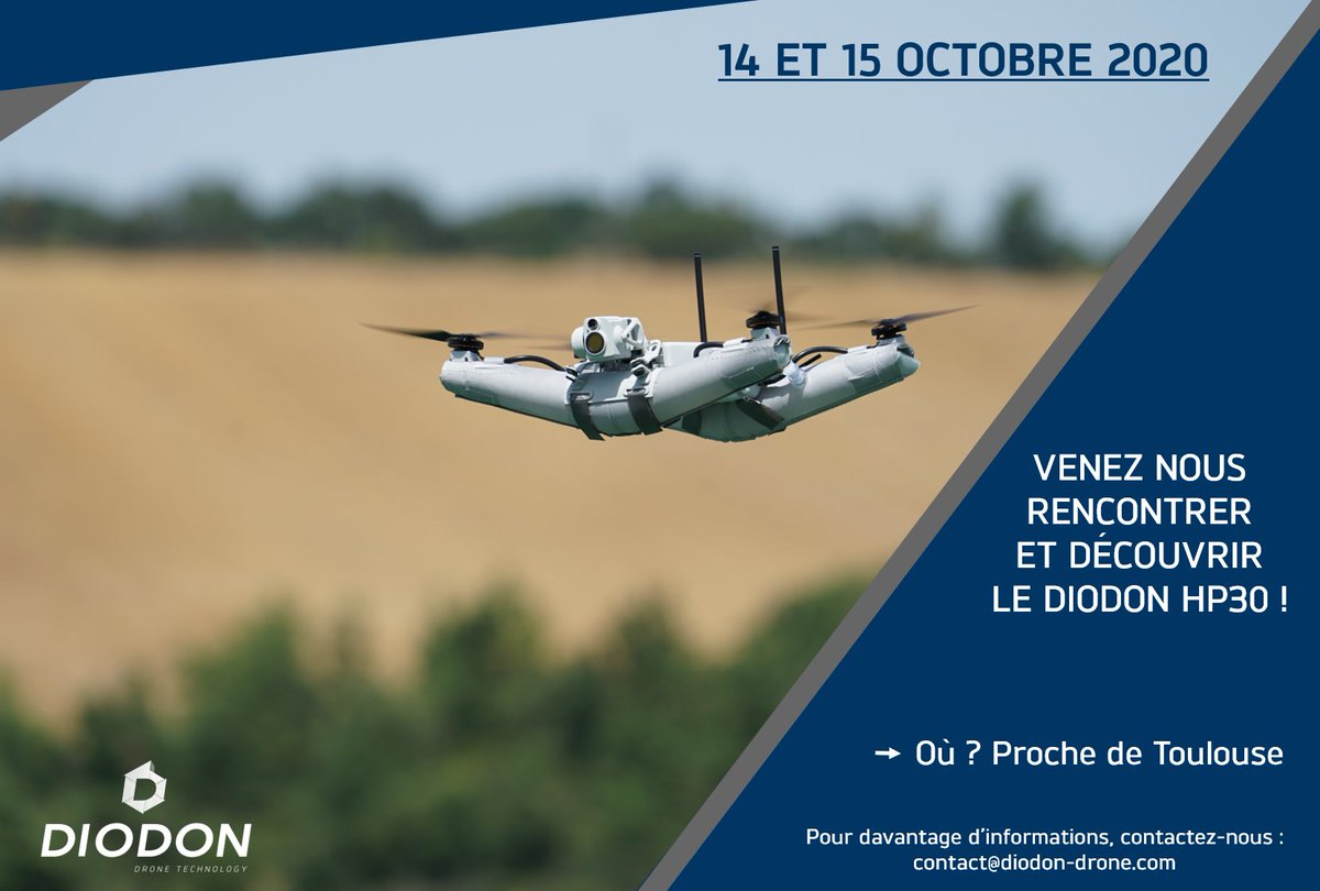 Venez nous rencontrer et découvrir notre nouveau drone, le DIODON HP30, les 14 et 15 octobre 2020 ! 

Pour cette occasion, nous prévoyons plusieurs démonstrations sur site.

Si vous souhaitez participer, n’hésitez pas à nous envoyer un mail à contact@diodon-drone.com😊