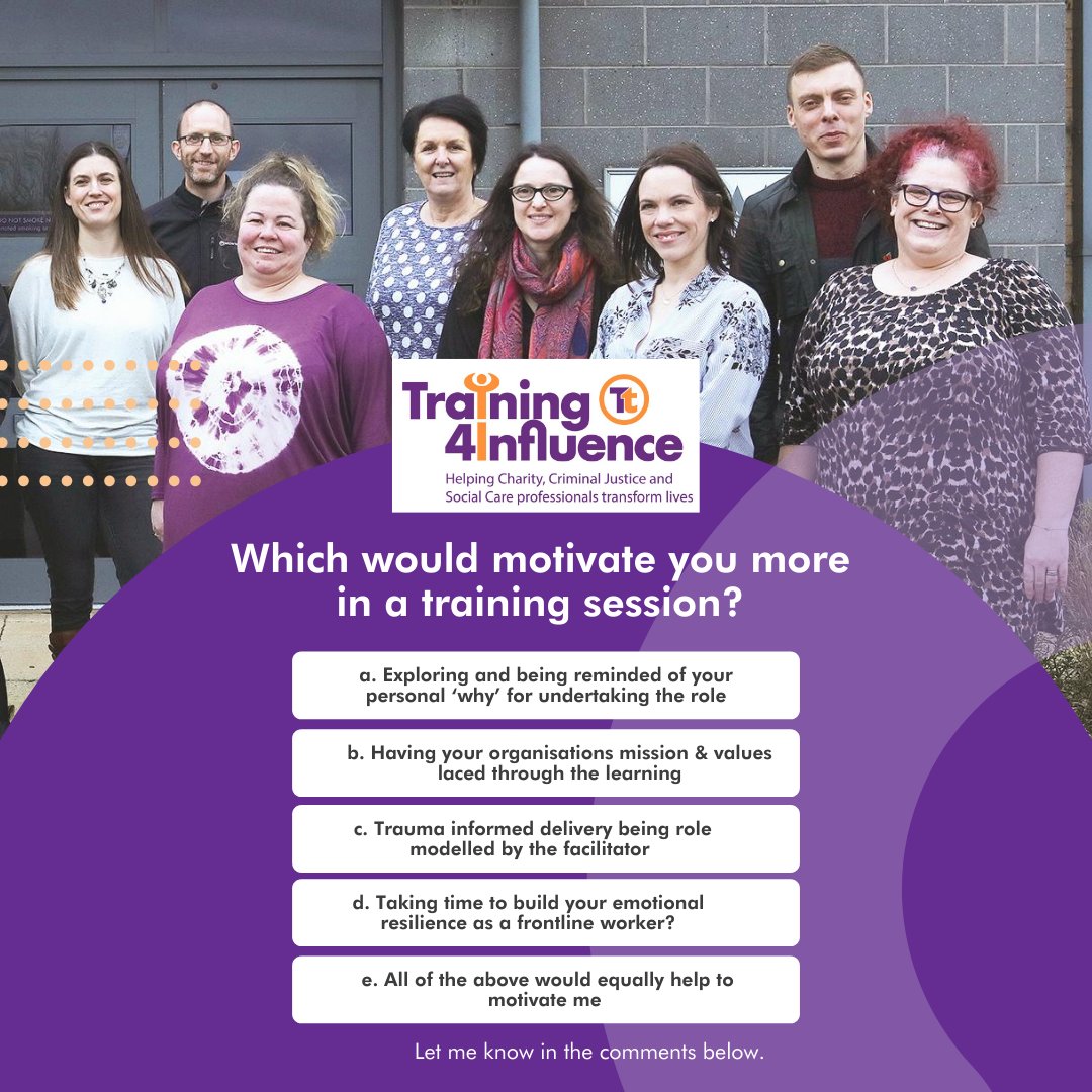 Which would motivate you more in a training session?

#Training4Influence #Training #Book #TransformativeTraining #Charity #CriminalJustice #SocialCare #TraintheTrainer