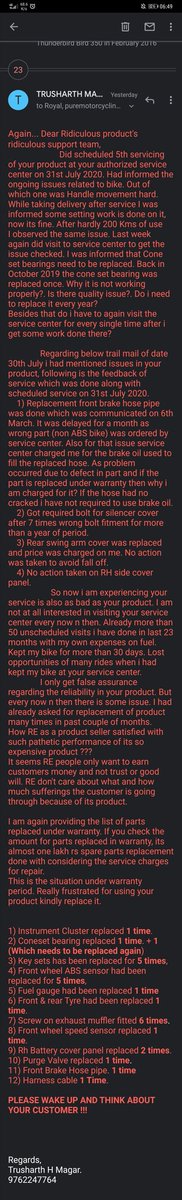 trusharth's tweet photo. @RESupport
@royalenfield
@sidlal
@Hridaan
Dear Mr. @sidlal 31st August 2017 I am writing to RE support. There are only no of complaint Ids, unscheduled visits, parts change under warranty. No peace of mind and satisfaction for using products and services. https://t.co/217vifPAS5