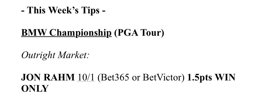 SJPGolfTips's tweet photo. ๐ฅ WINNER ๐ฅ and 2020 @BMWchamps Champion on the @PGATOUR @ 10/1 - JON RAHM ๐ช๐ธ ๐๐ฟโโ๏ธ
16.5pts Returned ๐ธ๐ & 8th WINNER IN A ROW
@SportsBetStars ๐ +65% Return on Investment for the week ๐๐ฅ
https://t.co/166IJ1RoWD ๐ฒ First 14 days FREE ๐จโ๐ป
#Winning #Profit #StrictSystem https://t.co/89RT8R4RqN