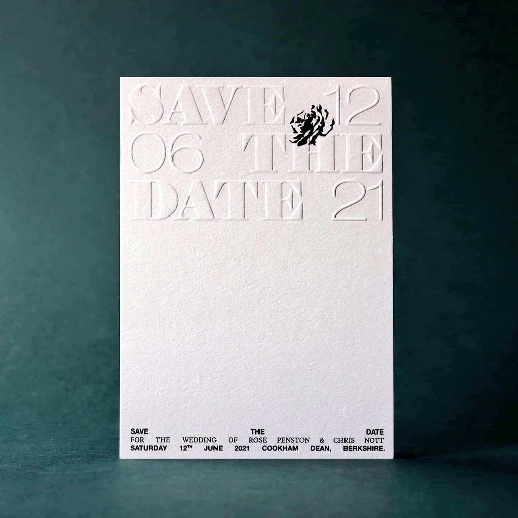 Save the date A6 cards by Chriss Nott. Printed and blind embossed on 300gsm Arjowiggins Keaykolour Particles Snow.