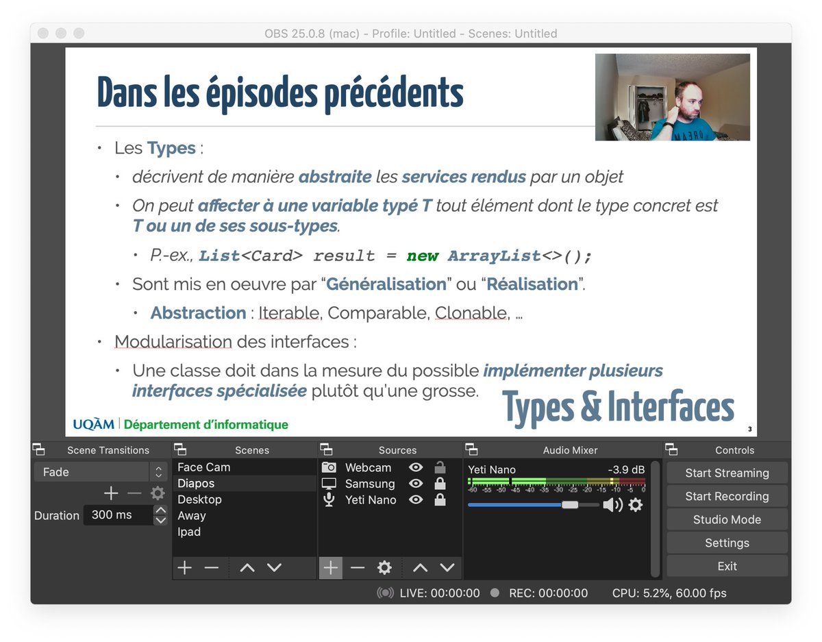 I am using OBS to create different scenes, related to different teaching situations : lecturing with slides, talking in front of the camera, showing code in IntelliJ, or (badly) scribing stuff on the iPad.