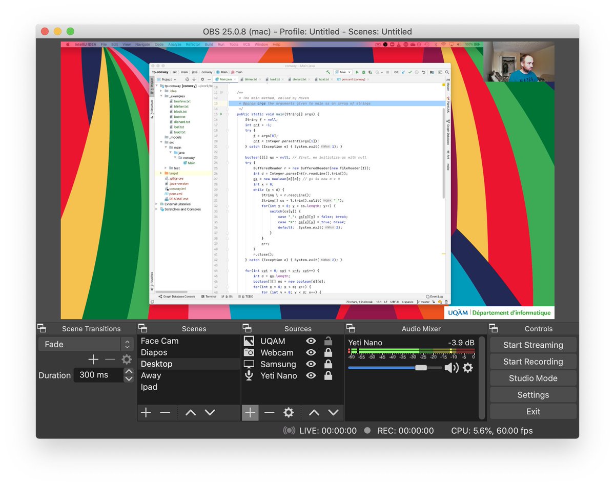 I am using OBS to create different scenes, related to different teaching situations : lecturing with slides, talking in front of the camera, showing code in IntelliJ, or (badly) scribing stuff on the iPad.