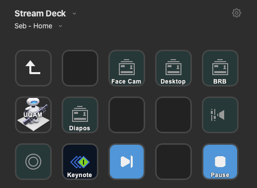 To move from one scene to the other, I am using a StreamDeck. Each key can be linked to actions , such as starting keynote, starting to record, switching between scene, ... On the left the config software, and on the right the physical device.