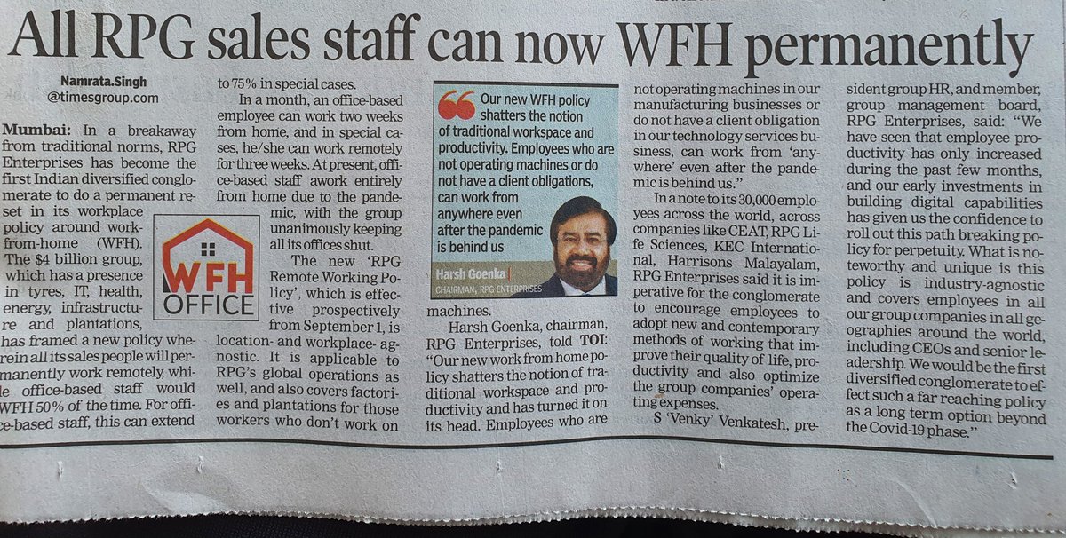 NeetuGarg6's tweet photo. Quite impressed with chairman #RPGEnterprise @hvgoenka ji's vision tenet of ‘touching lives’ & brand promise of ‘happiness’.
In a breakaway from traditional norms, RPG Enterprises has become the 1st Indian diversified conglomerate to do a permanent reset in its workplace policy. https://t.co/9L87GWCNri