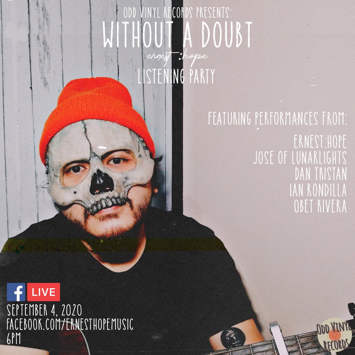 oddvinylrecords's tweet photo. Ernest:Hope’s Without A Doubt comes out on September 4, Friday on all digital music platforms! Pre-save now: https://t.co/1VKrhcVzEg

We will be having a listening party on Friday at 6PM! Live on Ernest:Hope’s FB page featuring performances from this awesome lineup of artists! https://t.co/q59T7loSya