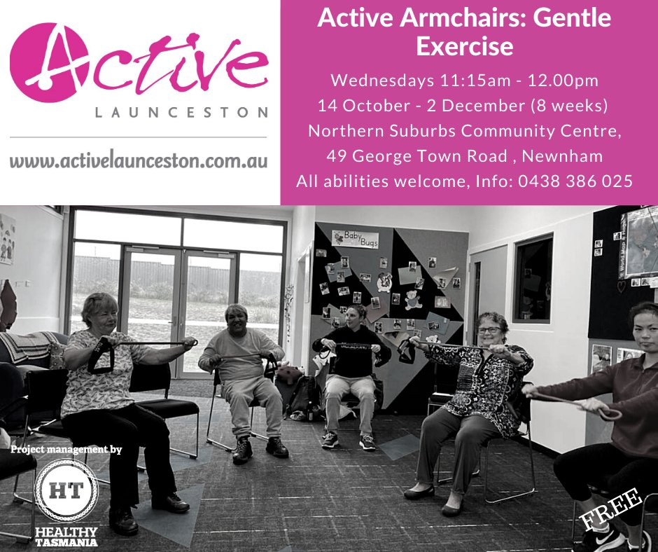 FREE PROGRAM ALERT
It is back for the third year running at the Northern Suburbs Community Centre in Newnham - Active Armchairs. Like the idea of exercise but not having to leave your seat? Then this is the one for you - activelaunceston.com.au