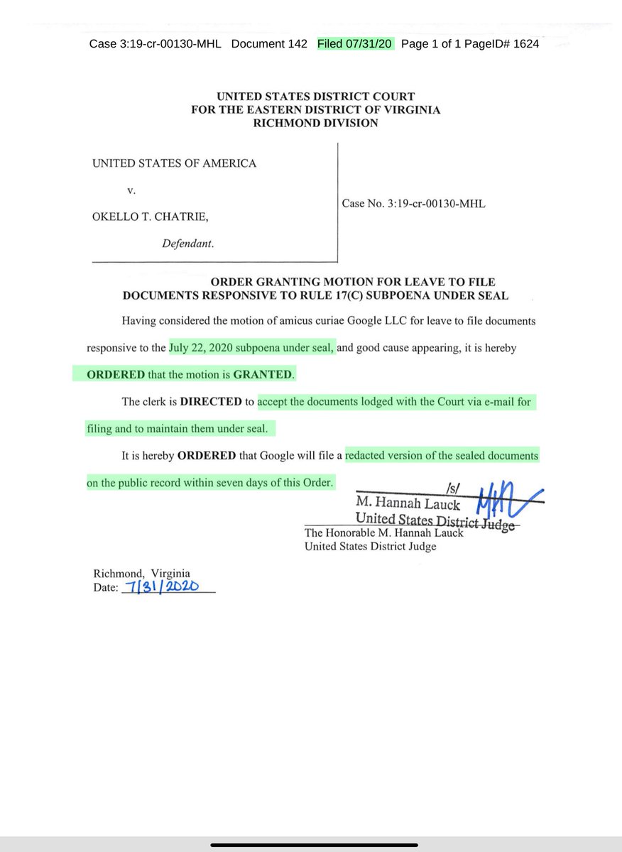 -motion of amicus curiae Google;leave to file documents responsive to the July 22, 2020 subpoena under seal, and good cause -the motion is GRANTED-ORDERED Google will file a redacted version of the sealed documents on the public record within 7 days https://ecf.vaed.uscourts.gov/doc1/189110637727