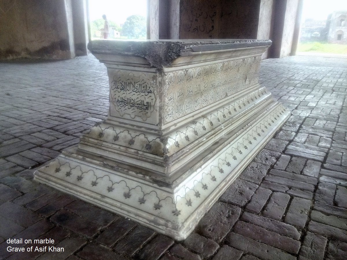 Now for the mystery of the marble sarcophagus:Drawing on a comparison on marble blocks and carvings in the tombs of Jahangir and Asif Khan (brother in law of Shah Jahan), Majid Sheikh concludes that the marble sarcophagus was installed not by Akbar or Jahangir but Shah Jahan