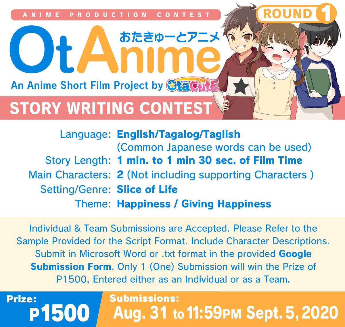 otacutedao's tweet photo. ROUND 1 START
Aspiring anime story writers, take the spotlight and let your ideas shine !
Watch our new video today about our Story Writing Contest
👉 https://t.co/E5JPxvGJWx
#otacute #otanime #anime #storywritingcontest #animemaking https://t.co/Rvy1GgWXuG