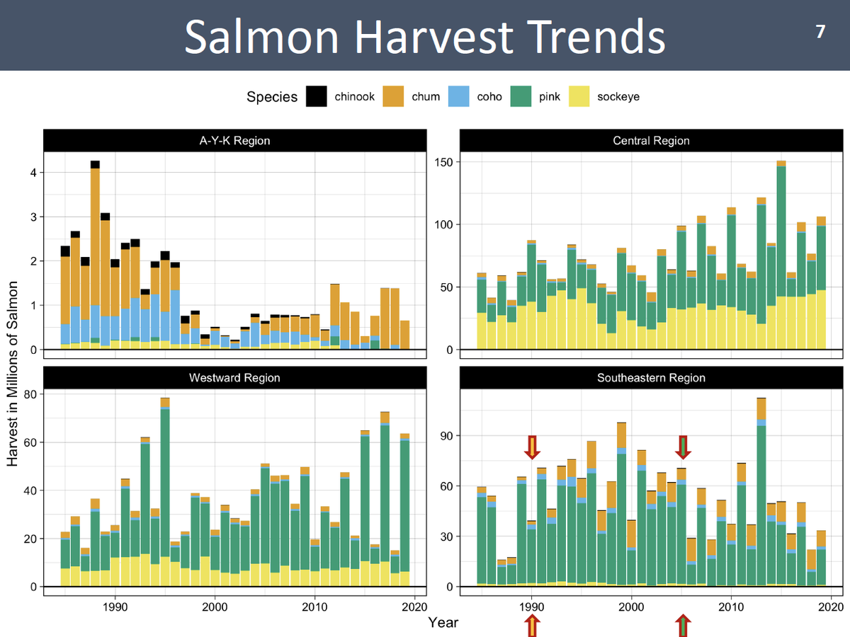 CurryCunningham's tweet photo. How have Alaska salmon harvests changed over time?
Across species and regions?
I was curious and thought you might be as well...
Thanks to #ADFG for the data summarized in these figures! https://t.co/PE0AEHSHgZ