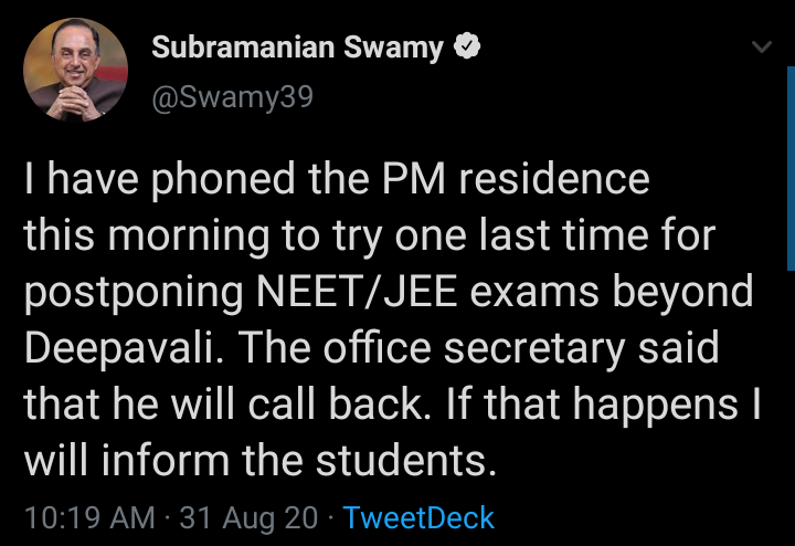 student0P's tweet photo. SWAMYJI Called PM Residence this Morning regarding JEE/NEET Exams Postponement!!

#Mann_Ki_Nahi_Student_Ki_Baat
#StudentsDislikePMModi https://t.co/56cxSduEvF
