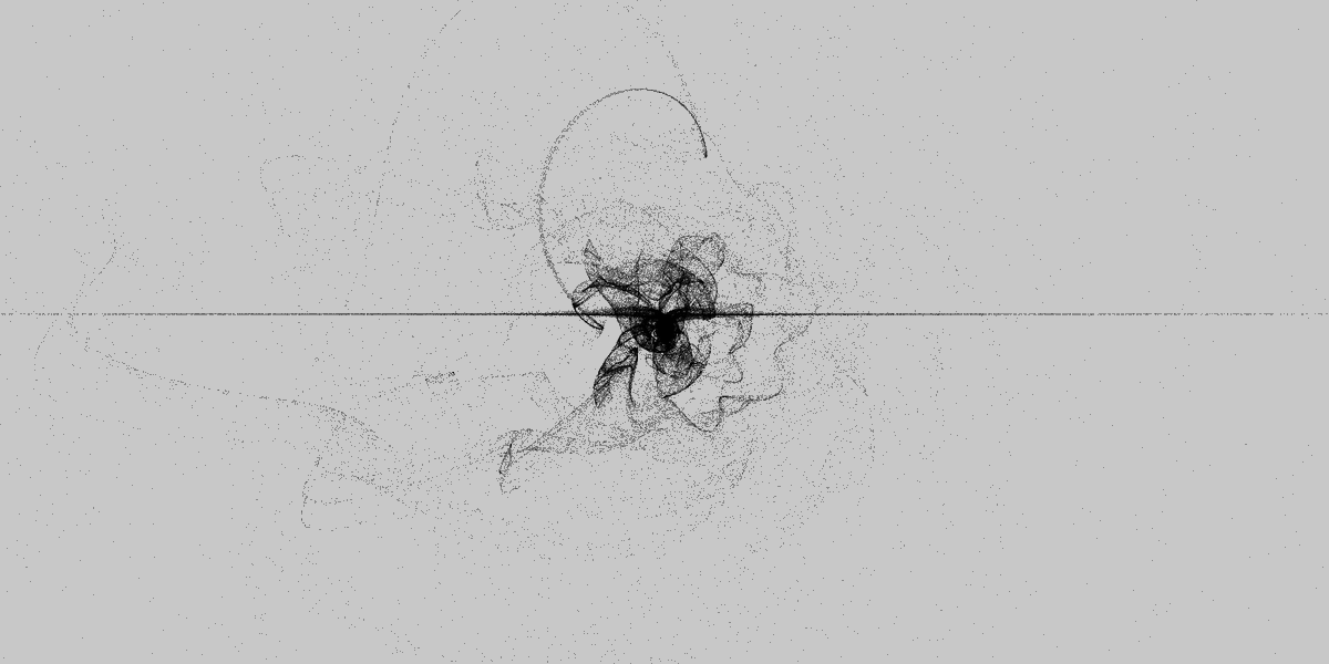 _sayo_y's tweet photo. // Chaos_2
// #つぶやきProcessing
r=t=1
setup=_=>{
createCanvas(w=1600,w/2)
background(200)
stroke(0,80)
rn=random
a=rn(6,20)
b=rn(7)
c=rn(1,5)
d=rn(4,8)
}
draw=_=>{
for(i=0;i<300;i++){
point(w/2+10*r*cos(t),w/4+10*r*sin(t))
R=r,T=t
r=cos(a/R+b)*T-c*T/R
t=cos(R*T)/R+d/T
}
} https://t.co/xfU7nLeJvl