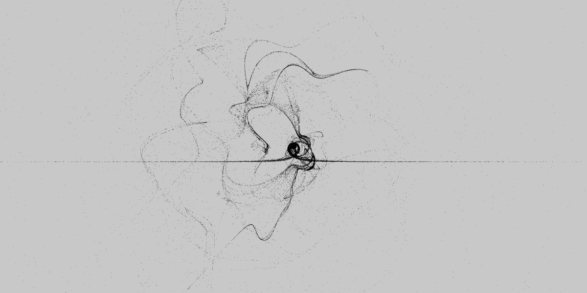 _sayo_y's tweet photo. // Chaos_2
// #つぶやきProcessing
r=t=1
setup=_=>{
createCanvas(w=1600,w/2)
background(200)
stroke(0,80)
rn=random
a=rn(6,20)
b=rn(7)
c=rn(1,5)
d=rn(4,8)
}
draw=_=>{
for(i=0;i<300;i++){
point(w/2+10*r*cos(t),w/4+10*r*sin(t))
R=r,T=t
r=cos(a/R+b)*T-c*T/R
t=cos(R*T)/R+d/T
}
} https://t.co/xfU7nLeJvl