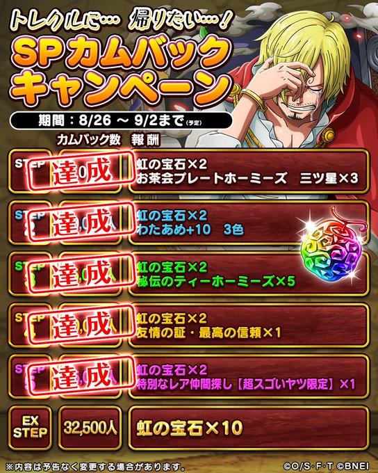 One Piece トレジャークルーズさん がハッシュタグ トレクルに帰りたい をつけたツイート一覧 1 Whotwi グラフィカルtwitter分析