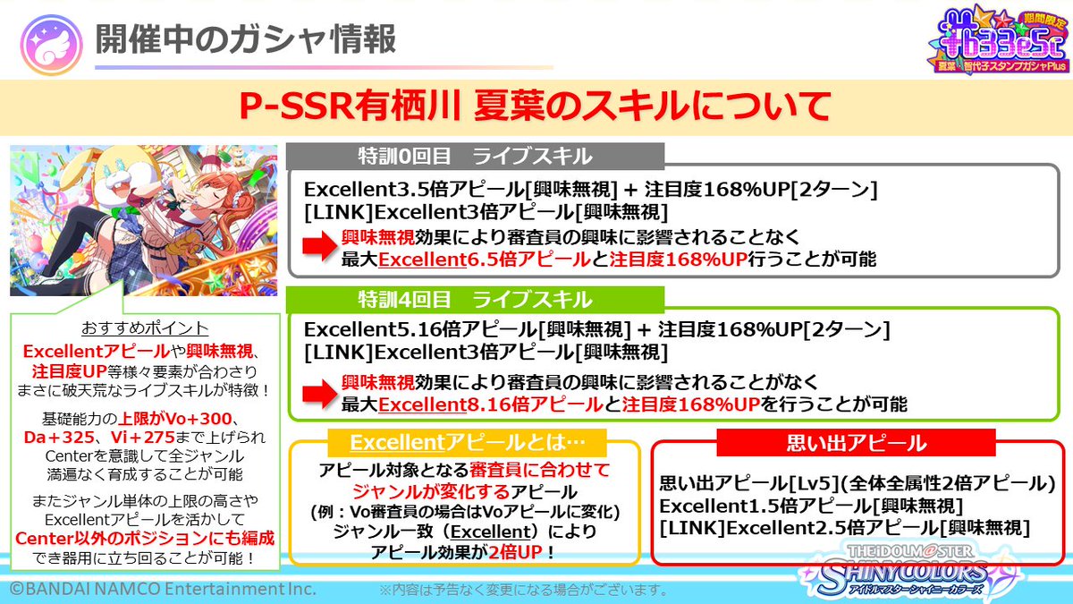 アイドルマスター シャイニーカラーズ公式 インフォメーションレター 2 5 現在開催中のガシャに登場している Ssrプロデュースアイドル Cheer 有栖川 夏葉 の スキルとおすすめ編成をご紹介しました シャニマス Idolmaster