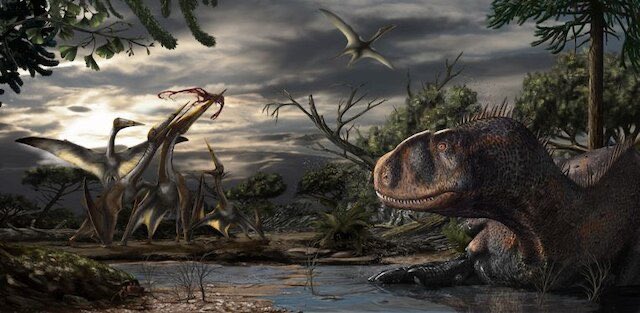 It also lived alongside alongside similarly large dinosaurian predators Bahariasaurus and Carcharodontosaurus, the titanosaur sauropods Paralititan and Aegyptosaurus, crocodylomorphs, bony and cartilaginous fish, turtles, lizards, and plesiosaurs. Artwork by Davide Bonadonna.