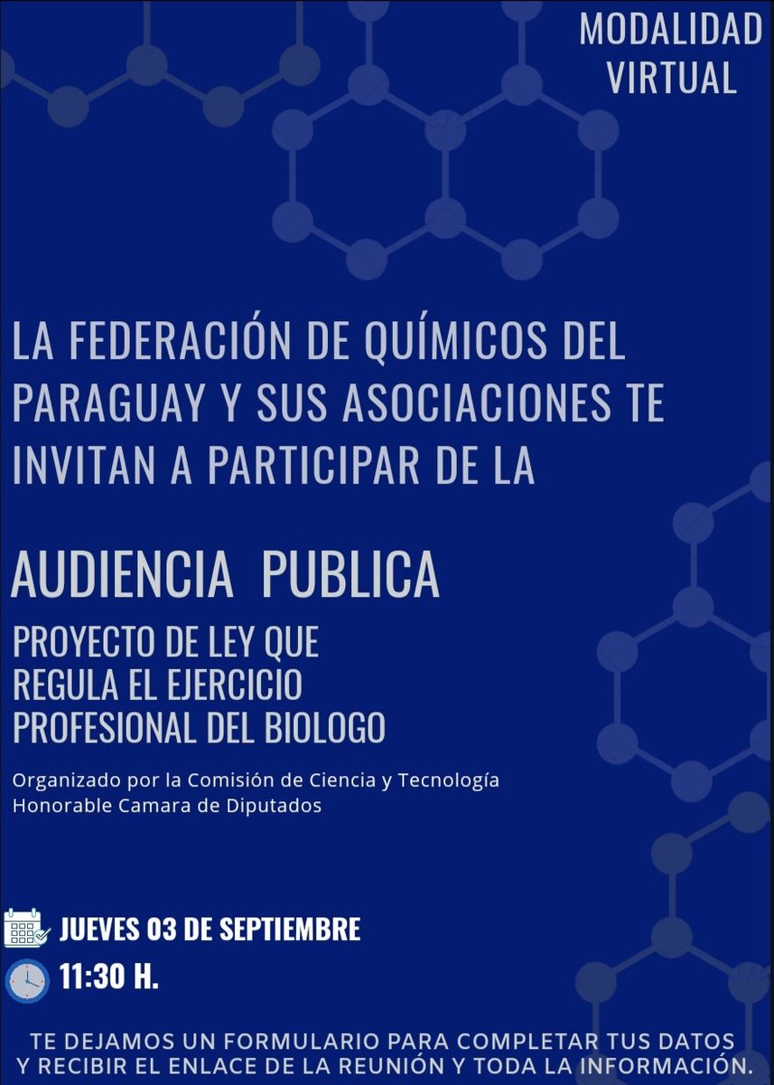 Invitamos a todos los colegas a participar en la Audiencia Publica del Proyecto de Ley del Biólogo.

Sumate llenando el siguiente formulario forms.gle/uQmtxokmk3WBYx…
