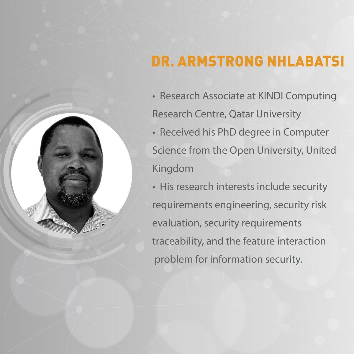 MOSECOQatar's tweet photo. Meet Dr. Armstrong Nhlabatsi, a research associate at KINDI Computing Research Center at the University of Qatar. To hear him speak from #education point, #register through the link ⬇️ #August31
#MOSECOQatar #GoDigital #Qatar2022 #Framework #CyberSecurity
https://t.co/ITxnma6O7e https://t.co/PqGP6VRMDu