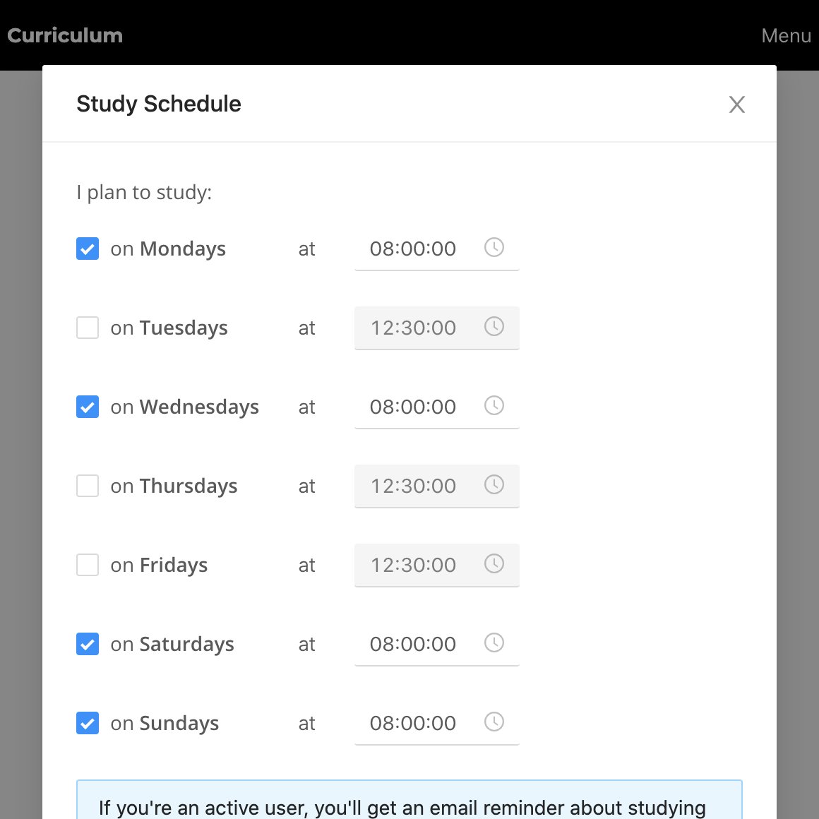 curriculum_app's tweet photo. New releases:

✨ Set your study schedule (reminders help build habits)
✨ See updates from your community in your weekly summary email

Read more: https://t.co/j9VfUdjjbO

Or check out the new study schedule feature right now: https://t.co/BfSMU6BHEB https://t.co/jggW9yzTxU