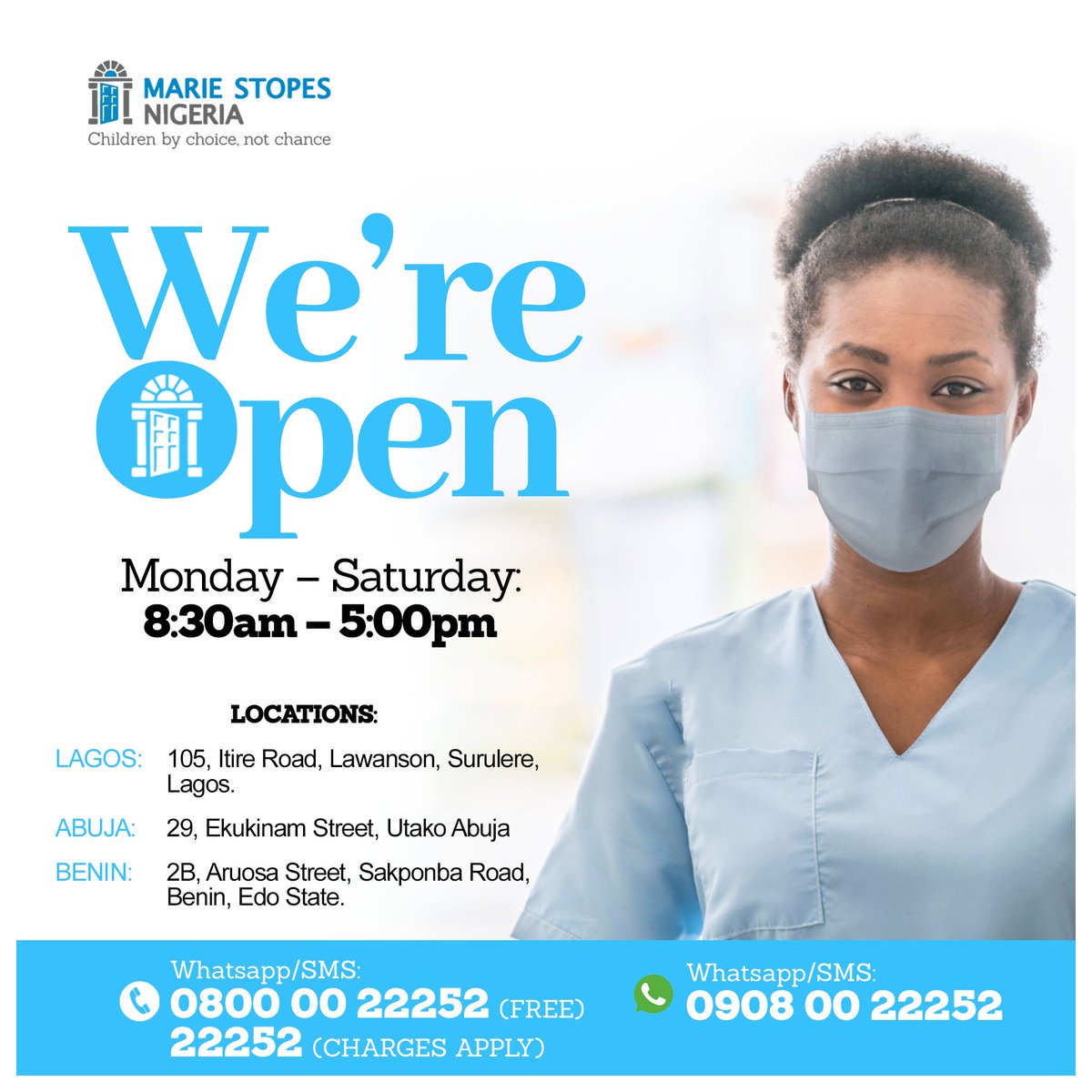 msichoicesng's tweet photo. Visit any of our clinics.
Locations 👇: LAGOS: 105, Itire Road, Lawanson Surulere, Lagos State
ABUJA: 29, Ekukinam Street Utako, Abuja.
BENIN: 2B, Aruosa Street, Sakponba Road, Benin Edo State.
#MarieStopesNigeria
#MarieStopesCares
#MSION https://t.co/LsjdOuFhyN