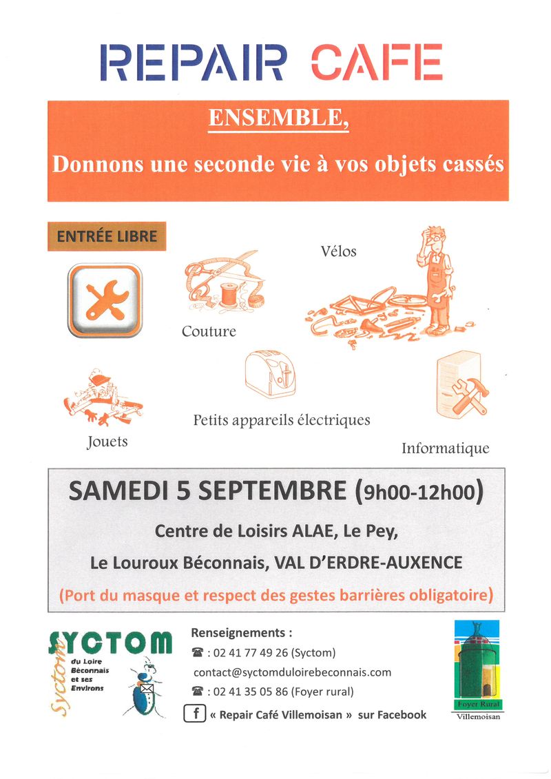 Le Repair Café organisé par le Foyer rural de Villemoisan va reprendre du service. Premier atelier le samedi 5 septembre 2020 de 9h à 12h au Centre de loisirs ALAE, le Pey, Le Louroux-Béconnais, Val d'Erdre-Auxence.