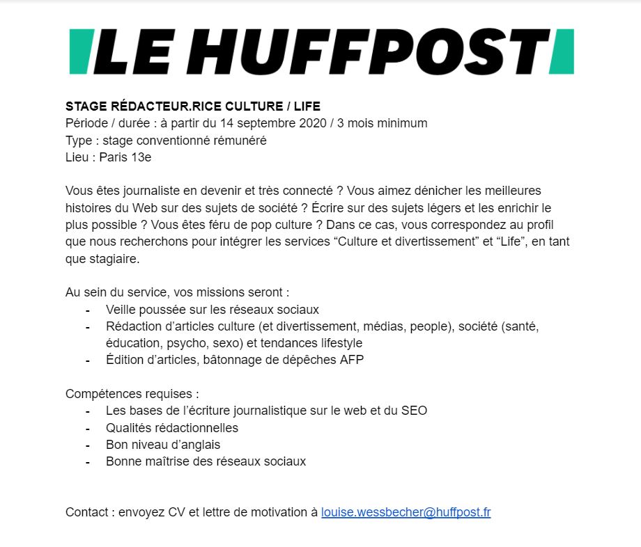 Suite à un désistement de dernière minute, les services Culture et Life du <a href="/LeHuffPost/">Le HuffPost</a> sont à la recherche d'un.e stagiaire à partir du 14 septembre et pour 3 mois minimum