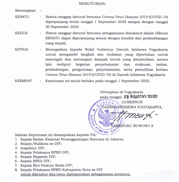 STATUS TANGGAP DARURAT DI DIY DIPERPANJANG DARI 01-30 SEPTEMBER 2020