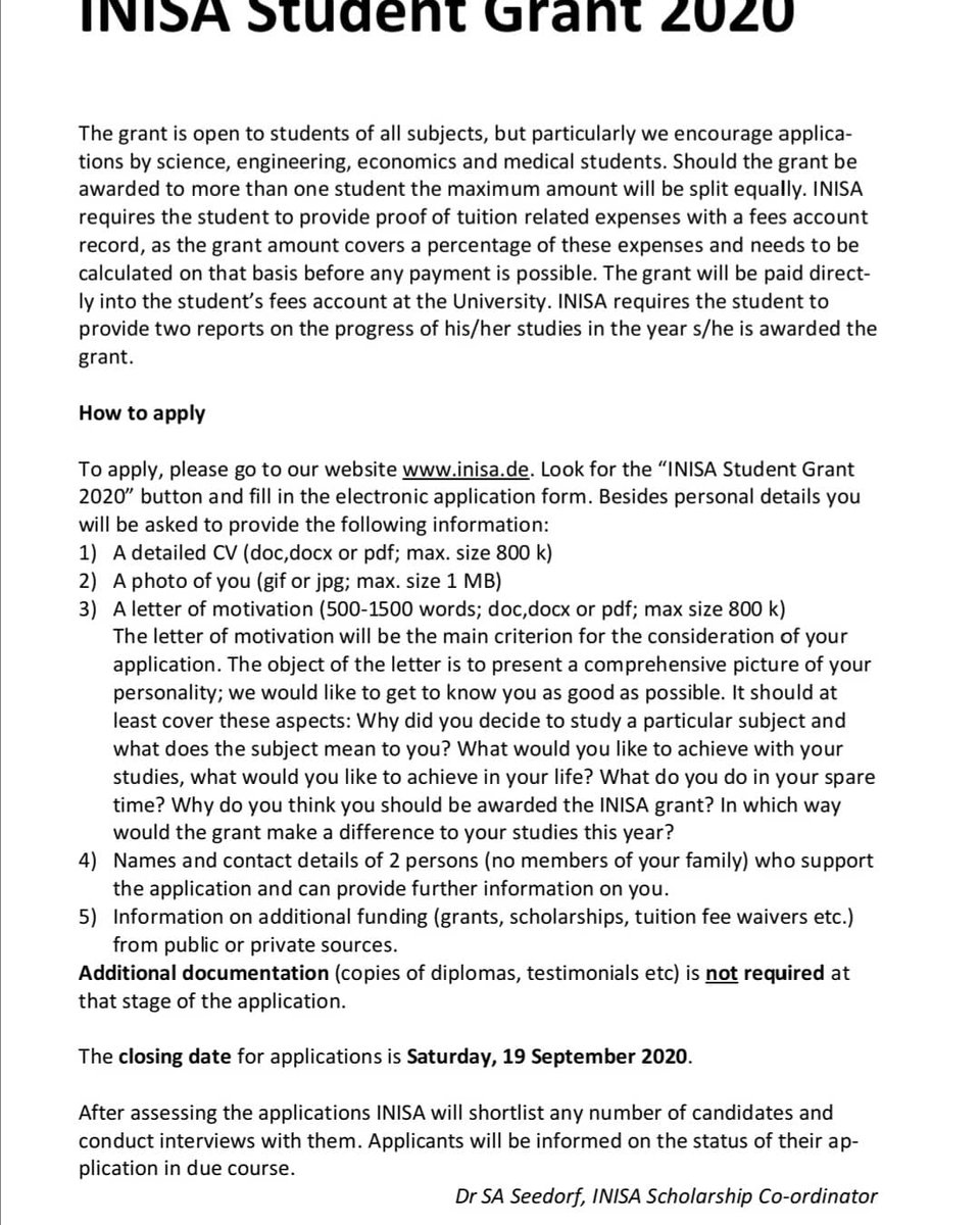 Wits_GRP's tweet image. Dear Students🙂

Please kindly see the funding opportunity below.

#funding #opportunityforstudents #studygrant 
 “Initiative Southern Africa” (INISA) – a German NGO – offers a grant for undergraduate students. 

The closing date for applications is Saturday, 19 September 2020.